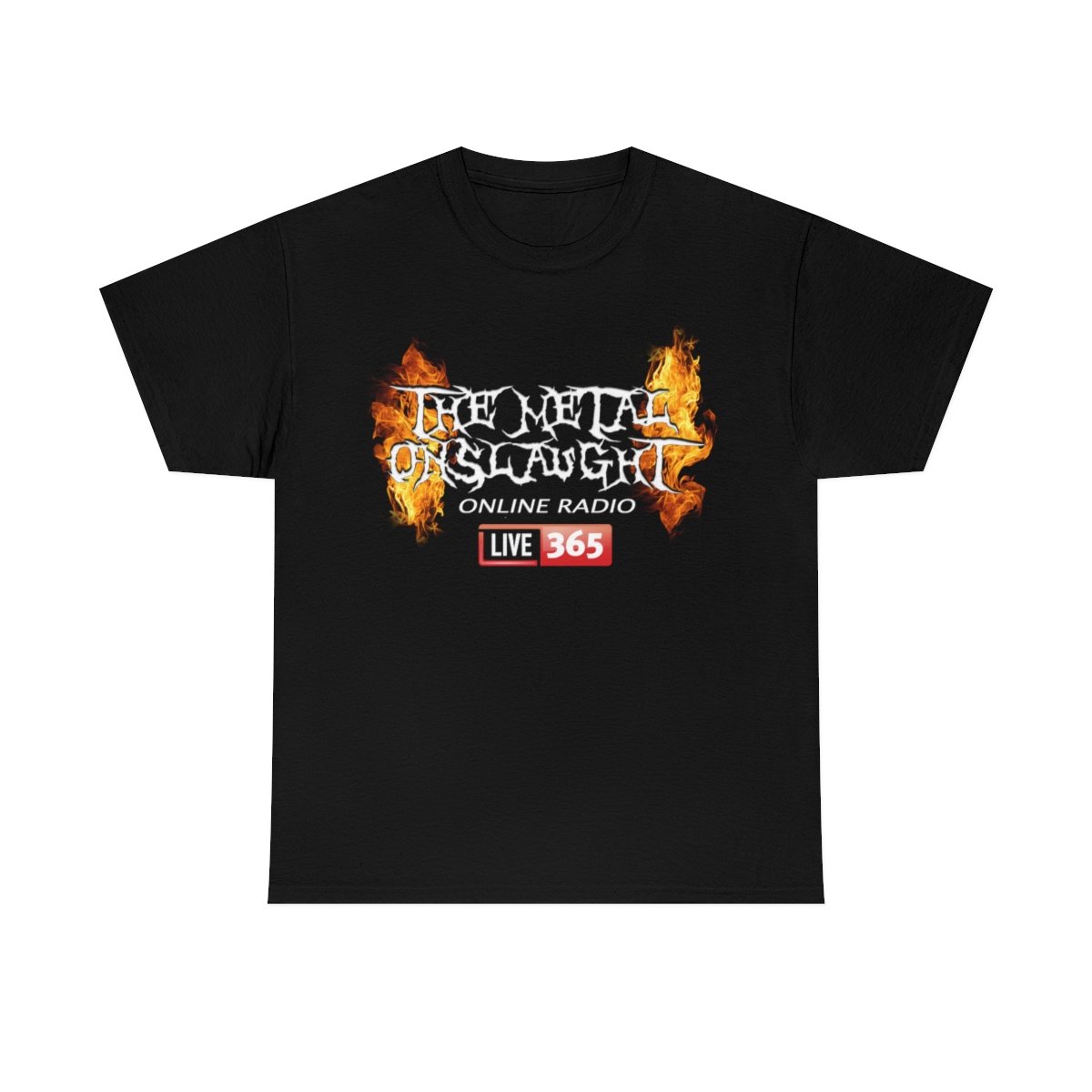 The Metal Onslaught Online Radio365 with All Shows On Back Short Sleeve T-shirt (5000D)