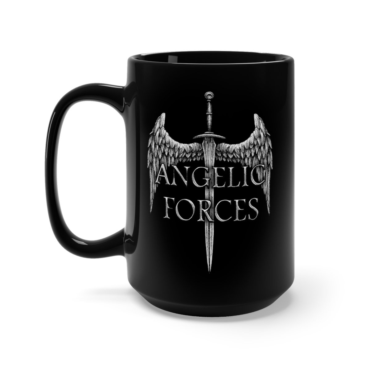 Angelic Forces Sword and Wing Logo Black Mug 15oz