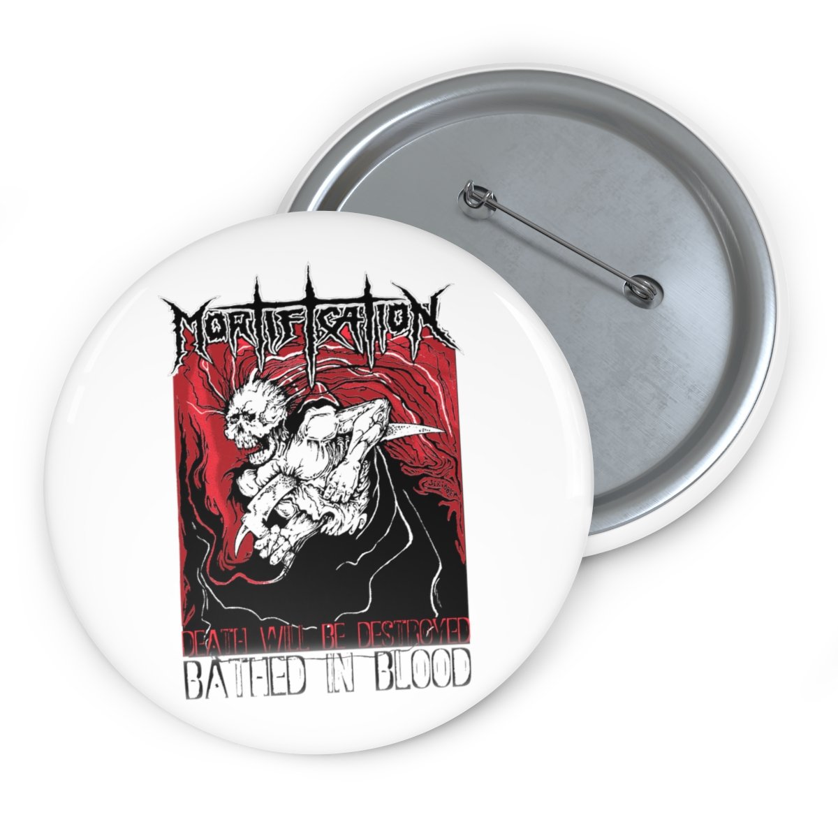 Mortification – Bathed In Blood (White) Pin Buttons