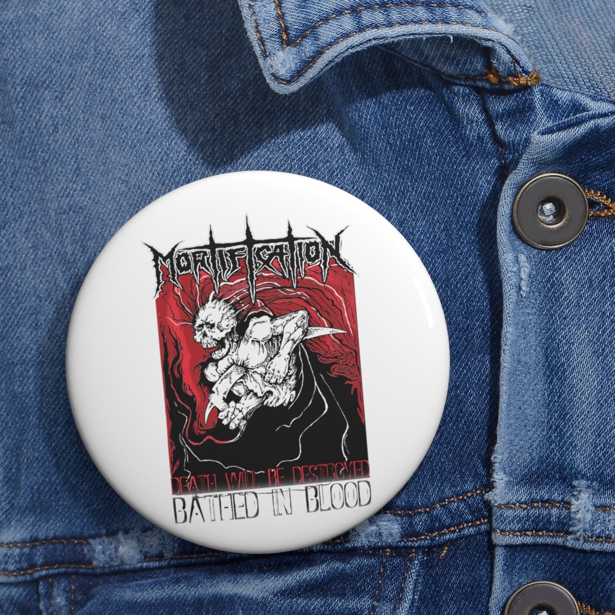 Mortification – Bathed In Blood (White) Pin Buttons